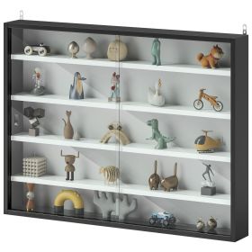 Display Cabinet 5-Tier Black White Glass Case with 2 Doors Adjustable Shelves Wall-Mounted