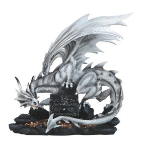 20"W Medieval White Dragon with Treasure Chest Figurine Large Sculpture Home Decor Gift