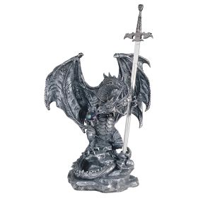 16"H Medieval Silver Dragon with Sword Figurine Large Sculpture Home Decor Gift