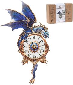 3D Wooden Puzzles for Adults, Blue Dragon Clock with Pendulum Model Kit, 3D Puzzles for Adults Room Home Decor DIY Wall Clock Kit