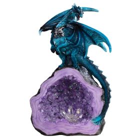 8"H Blue Dragon Guarding Purple Faux Crystal Cave Figurine Home Decor Gift