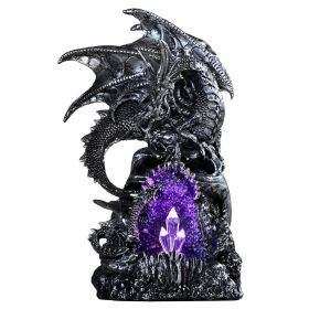 11"H Medieval Silver Dragon Guarding Purple LED Faux Crystal Cave Figurine Home Decor Gift
